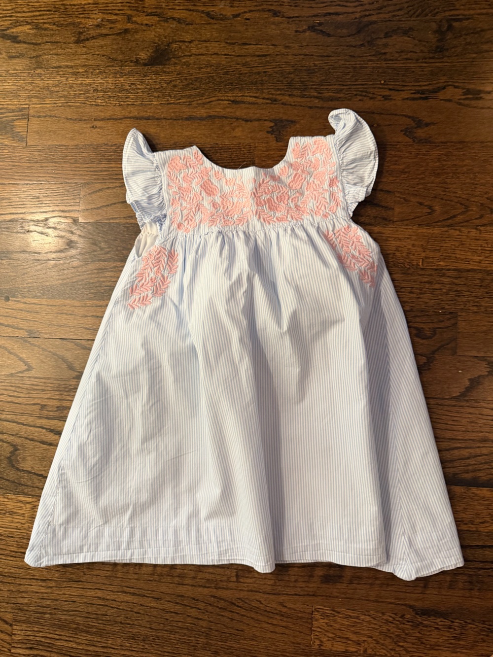 Girls' Light Blue Stripe Dress with Pink Embroidery